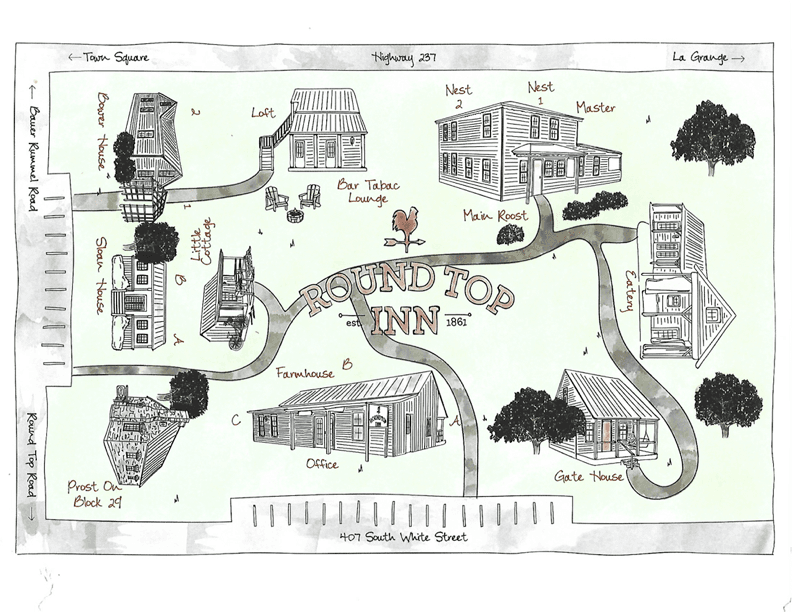 Map showing Round Top Inn location at 407 S White Street, Round Top Texas